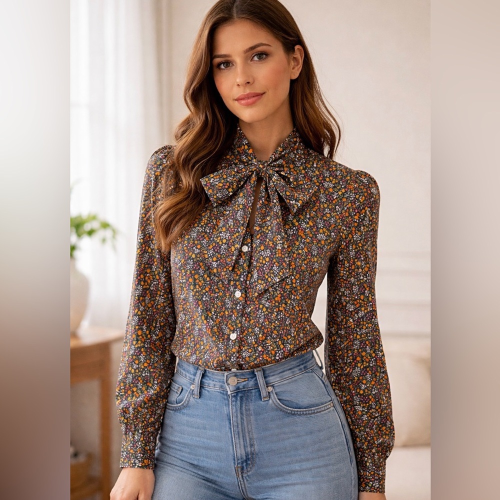 J. Crew Floral Button Down Shirt, Neck Tie, Bow, Cotton, US S